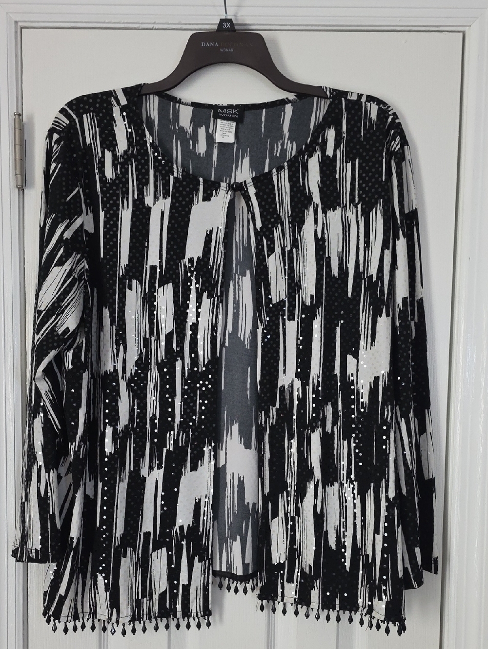 MSK Black & White Abstract Brushstroke Open Cardigan with Beaded Fringe